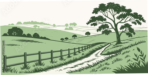 A picturesque countryside landscape with a winding path and lush greenery Vector