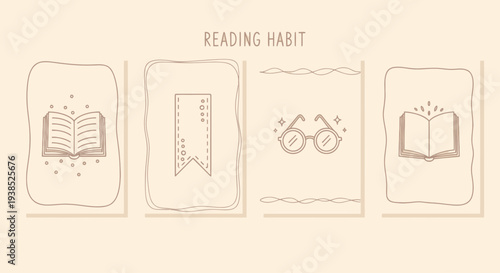 Reading Habit Icons: Open Book, Bookmark, Glasses, and Open Book on Beige