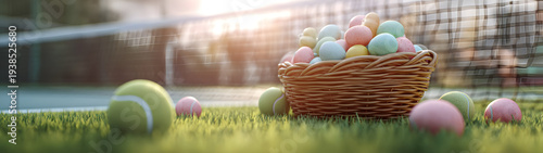 Easter basket with colorful eggs on spring grass at a tennis court, racket and ball nearby, warm morning sunlight, bright seasonal sports scene.