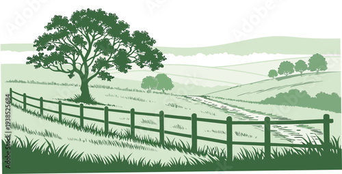 A serene countryside scene with a wooden fence and lush green trees Vector