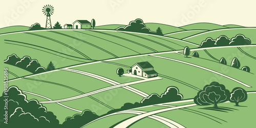 A picturesque landscape of rolling green hills dotted with trees and a winding path Vector