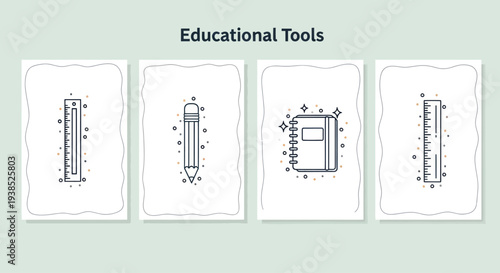 Educational Tools Icons: Ruler, Pencil, Book, Ruler on Light Green Background