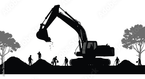 A silhouetted excavator operates in a landscape with workers and piles of earth high quality professional