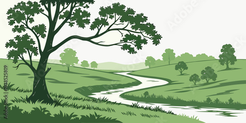 A serene landscape of a tree standing tall near a winding river and lush green fields Vector