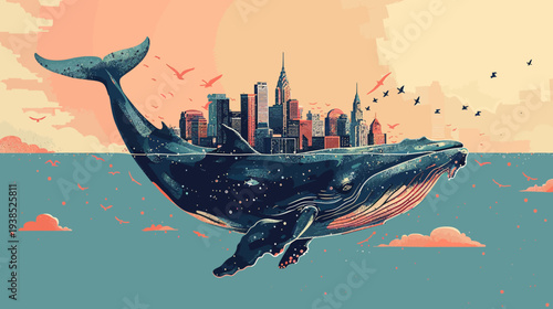 Fantasy illustration of a whale carrying a cityscape through the sky