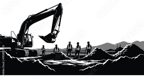 A black and white illustration depicts a large excavator and construction workers at a dig site