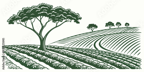 A serene landscape of rolling hills with a solitary tree in the distance. Vector