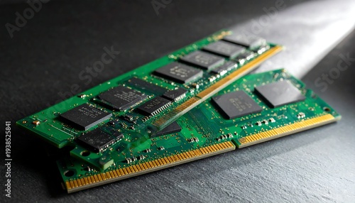 Two green circuit boards with black microchips arranged on a textured, dark gray background, with a light streak