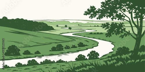A serene landscape with a winding river flowing through lush green fields and rolling hills. Vector