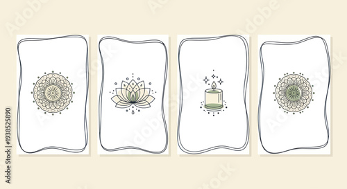 Mystical Tarot Cards with Lotus, Candle, and Abstract Symbols on Beige Background