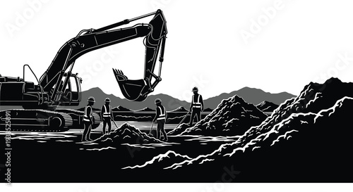 Construction site with an excavator and workers moving earth against a mountainous backdrop high quality professional