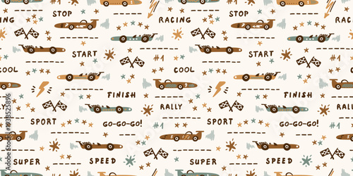 Sport Car. Toy Racing Cars Vector Seamless Pattern. Doodle Transportation Background for Kids in Earth Colors. 