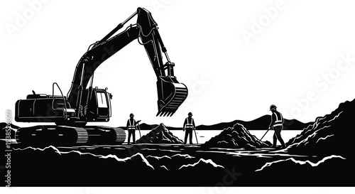 A black and white illustration depicts an excavator and construction workers at a dig site