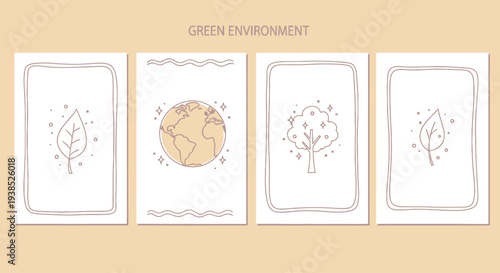 Eco Friendly Design Templates: Earth, Leaf, Tree Icons on Beige Background
