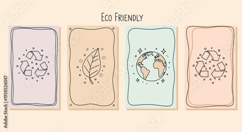 Eco Friendly Icons: Recycle, Leaf, Earth Planet, Recycle Symbols on Pastel Background