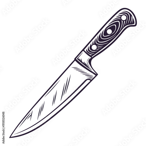 A sharp kitchen knife with a wooden handle and intricate design details Vector