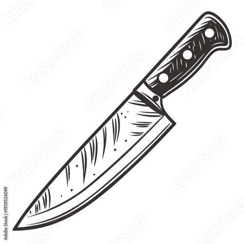 A sharp chef's knife with a wooden handle and a serrated edge Vector