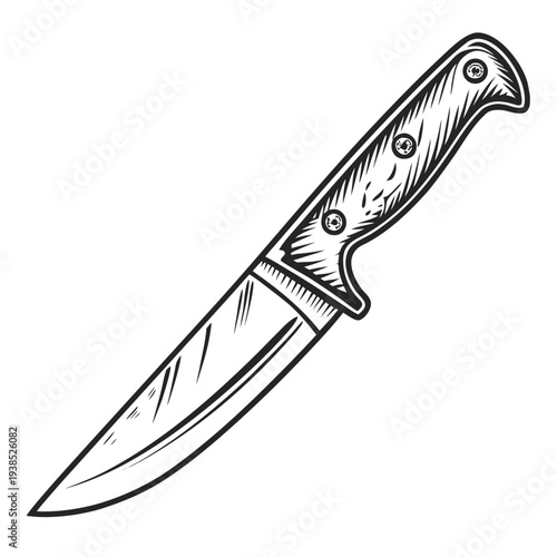 A sharp chef's knife with a wooden handle and visible blade serrations Vector