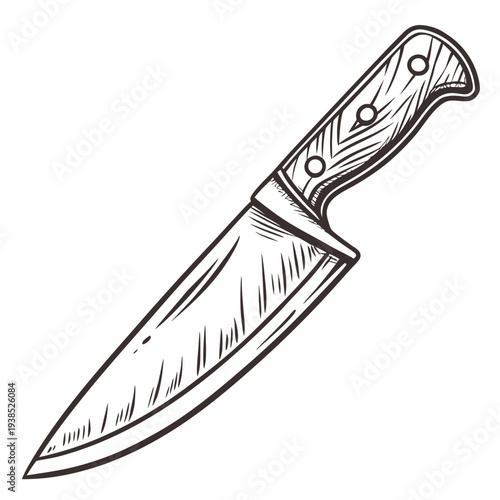 A detailed illustration of a chef's knife with a wooden handle and a serrated edge. Vector