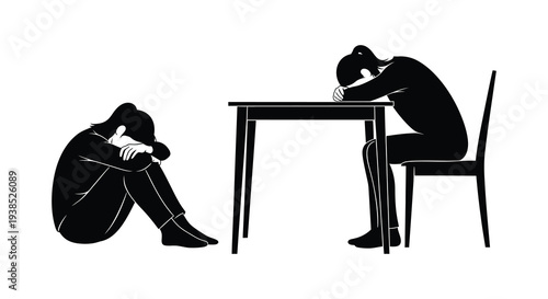 Two individuals experiencing distress are depicted in a minimalist black and white illustration high quality professional detailed modern