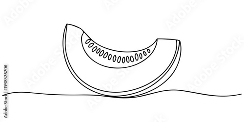 Minimalist continuous one line drawing of a fresh melon slice vector art, Slice of honeydew melon, Continuous line drawing of a melon slice with seeds. editable strokes, sliced healthy organic melon.