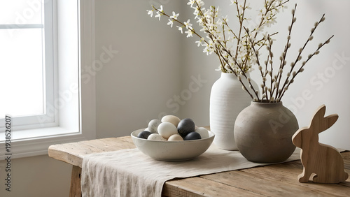 Easter table setting with eggs and bunny decoration