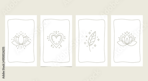 Minimalist Boho Line Art Collection: Lotus, Heart, Leaf Icons on Textured Background