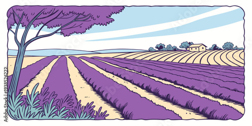 A vast field of purple flowers stretches under a clear blue sky with distant mountains. Vector