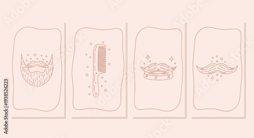 Beard Care Set: Mustache, Beard, Comb, Soap - Line Art Icons