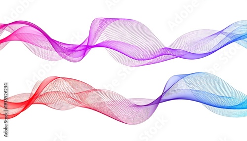 Two abstract ribbons flowing horizontally, colored with pink, purple, and blue gradients against a white background