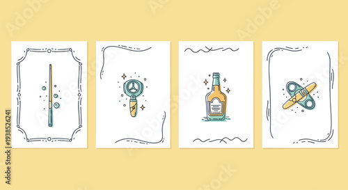 Set of four illustrated cards with simple icons and decorative borders