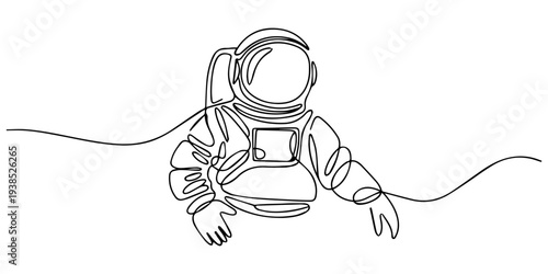 spacesuit continuous one line drawing, Continuous one line drawing of astronaut. One line of spaceman concept. Astronaut continuous line art. Editable outline, floating in space in a minimalist art.