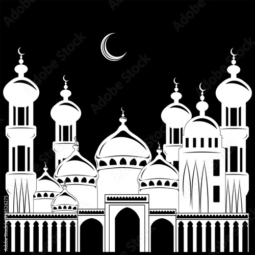 vector illustration, silhouette building mosque, background nighty tower, moon