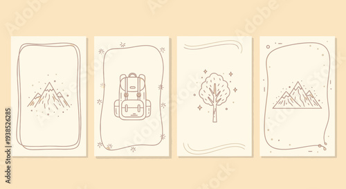 Minimalist Travel Cards: Mountains, Backpack, Tree, Nature Illustrations