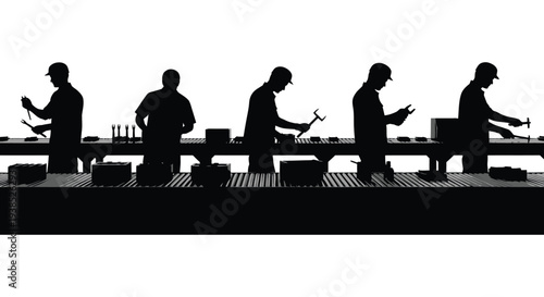 Silhouettes of workers assembling products on a conveyor belt in a factory setting high quality professional