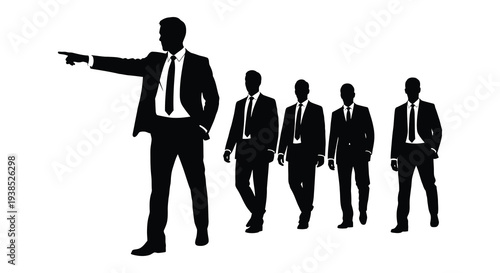 Silhouettes of five businessmen walking one pointing forward against a stark white background high quality professional