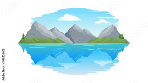 A serene landscape with mountains, water, and a clear blue sky Vector