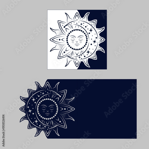 Layout congratulatory envelope with carved pattern. The template for greetings, invitations, etc. Picture suitable for laser cutting, plotter cutting or printing. Vector. Sun. Moon