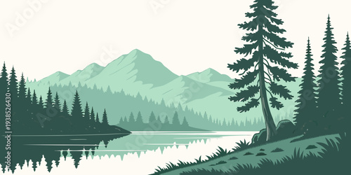 A serene landscape of a river flowing through a lush green forest with distant mountains Vector