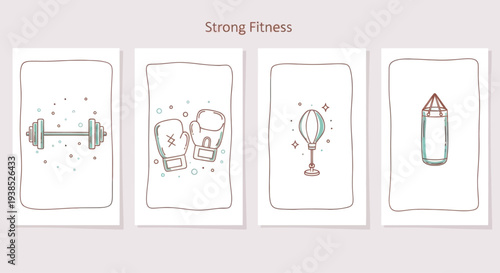 Fitness and Sports Icons Set: Dumbbell, Boxing Gloves, Punching Bag, Jump Rope