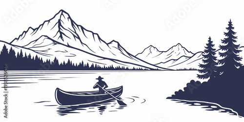 A serene landscape with a canoe on a calm lake surrounded by mountains and trees Vector