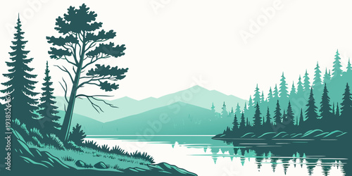 A serene landscape painting of a tranquil forest and river under a clear sky Vector