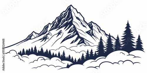 Majestic mountain landscape with snow-capped peaks and evergreen trees at the base Vector