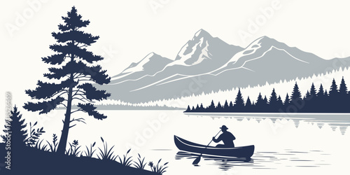A serene landscape of mountains, trees, and a cabin in a peaceful forest setting. Vector