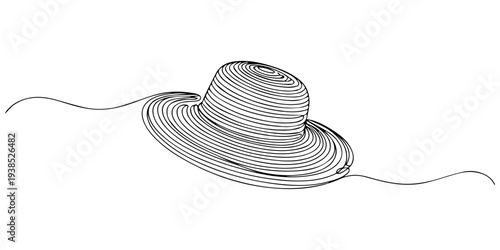 Continuous one line drawing of Straw hat, sun hat. summer, beach, travel, farmer concept. Editable stroke vector, Women summer hat in continuous line art drawing style. Female sun protected hat pro.
