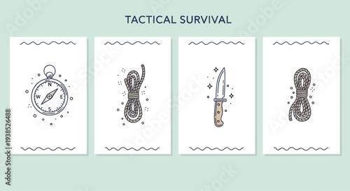 Tactical Survival Gear Icons: Compass, Rope, Knife on White Background