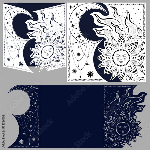 Layout congratulatory envelope with carved pattern. The template for greetings, invitations, etc. Picture suitable for laser cutting, plotter cutting or printing. Vector. Sun. Moon