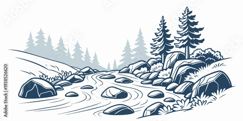 A serene winter landscape with snow-covered trees and a calm river Vector