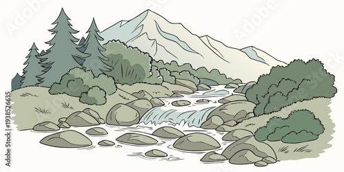 A majestic mountain landscape with a winding river and lush greenery Vector