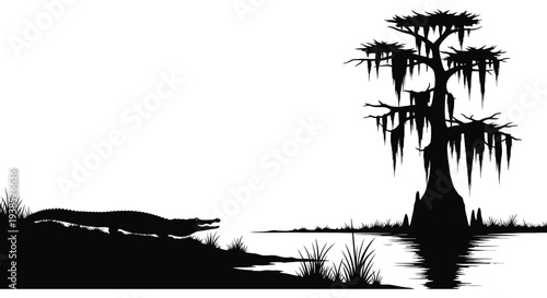 A striking black silhouette depicts a cypress tree alligator and swamp landscape high quality professional detailed